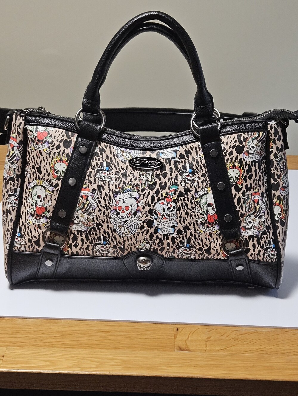 Ed Hardy Y2K Leopard Skull Rhinestone Satchel Tote Bag Tattoo Print NWT